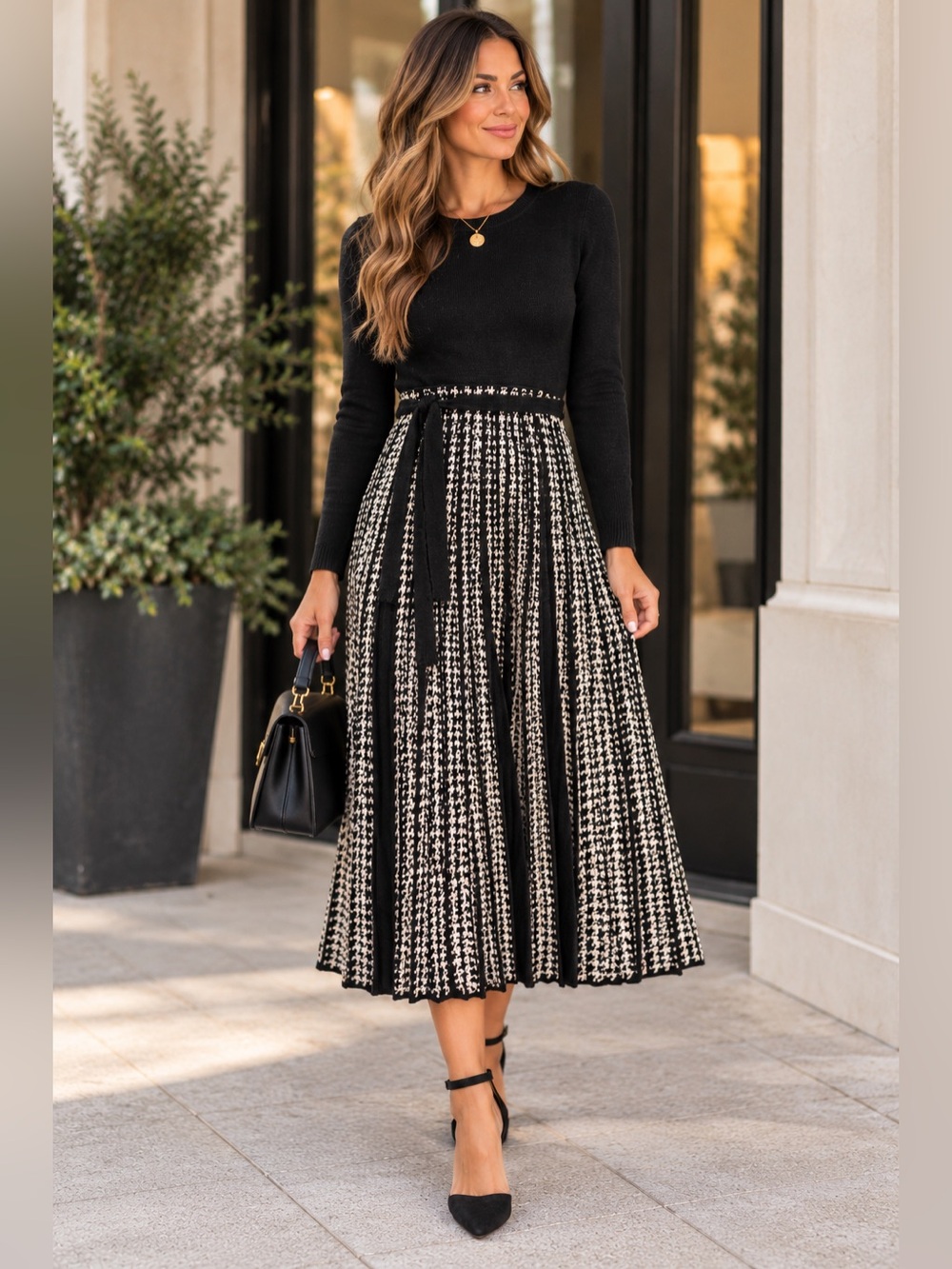 Max Studio Black & White Midi Knit Dress Like New